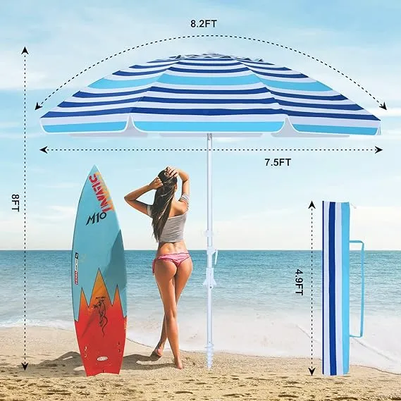 8Ribs Beach Umbrella Windproof 50  UV Protection,with 3 Sandbags and 1 Carry Bag